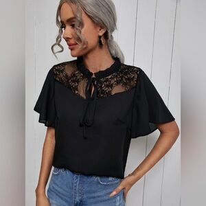 Contrast Lace Tie Neck Butterfly Sleeve Blouse
